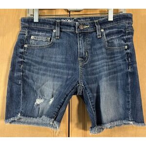 Mossimo Boyfriend Shorts Women 4 Blue Distressed Raw Hem Stretch Denim
